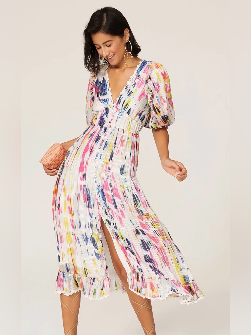 Hemant & Nandita Jorah Tie Dye Midi Dress XS Puff Sleeve V-Neck